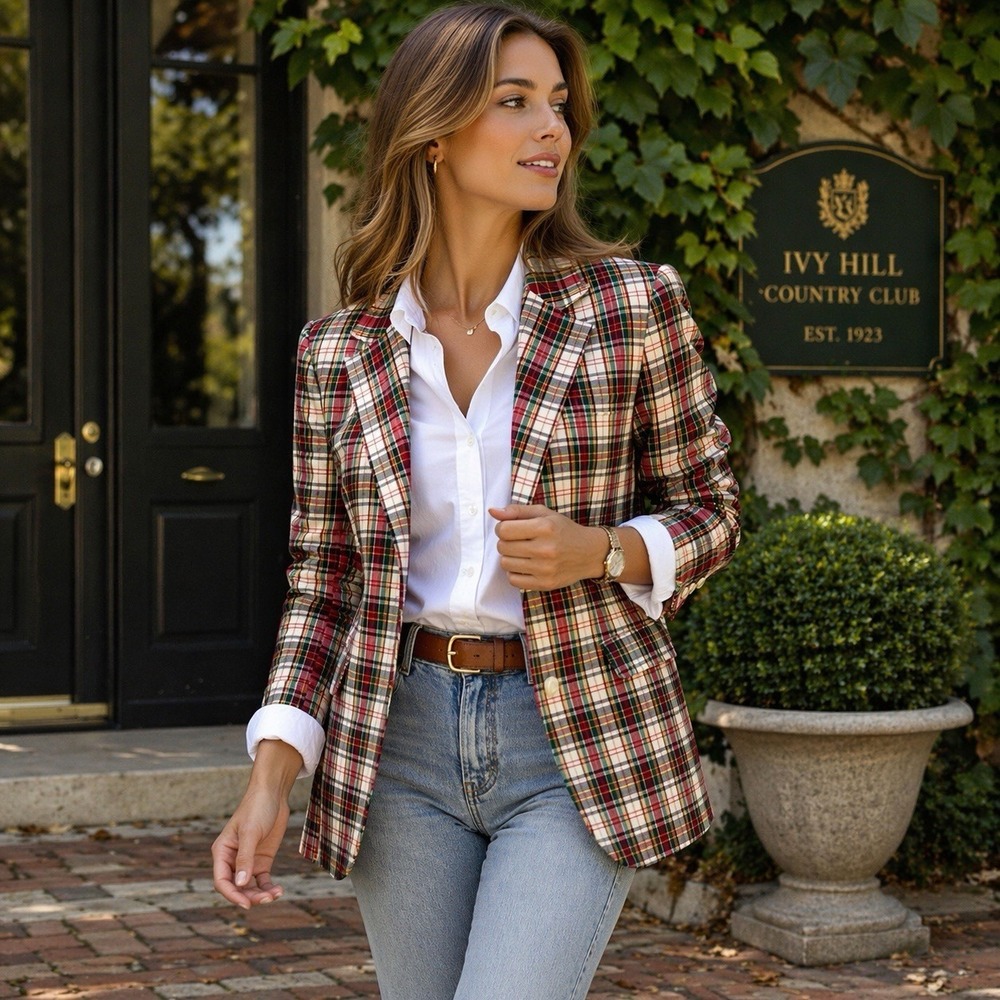 Vintage Tartan Plaid Blazer Womens Japan 12 US S-M Preppy Academia Jacket‎